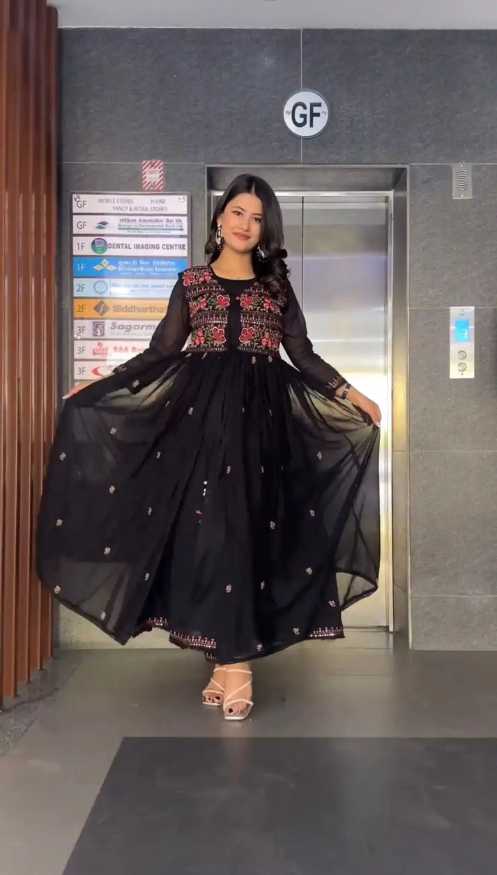 Black Colour Faux Georgette Thread Work Gown With Shrug