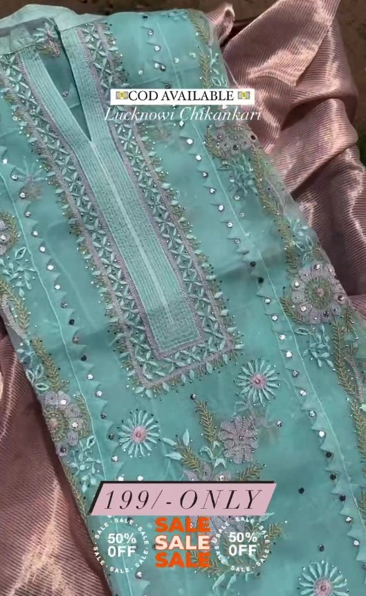 Semi Stitched Organza Salwar Suit Material Embroidered